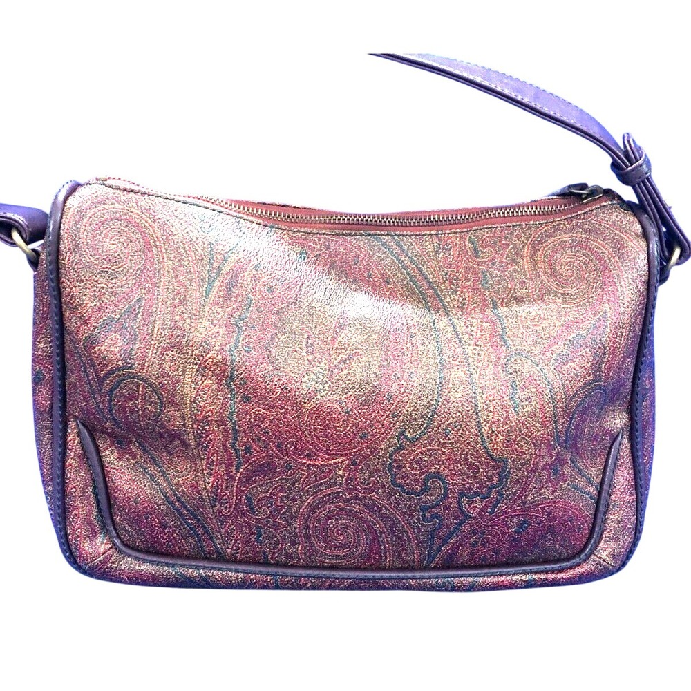 MAXX New York Burgundy/Green/Gold FAUX LEATHER PAISLEY PRINT Zip Shoulder Bag